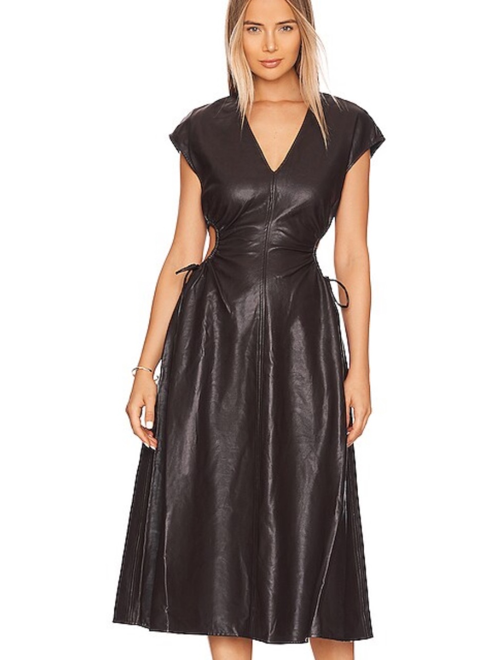 ASTR the label Miranda Brown Faux-Leather Cutout Midi Dress
